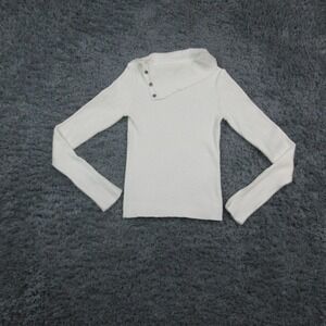NUDELUCY Sweater Womens Medium White Ribbed Knit Mock Neck Button Long Sleeve